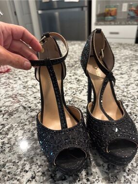 BCBG Black T-Strap Peep-Toe Platform Heels with Crystal Accents
